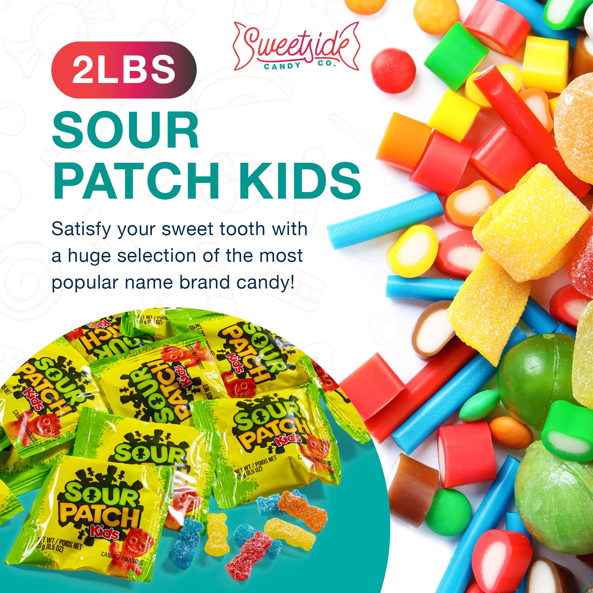 SWEETSIDE CANDY CO. primer plano textura de SourPatch Kids mostrando recubrimiento ácido