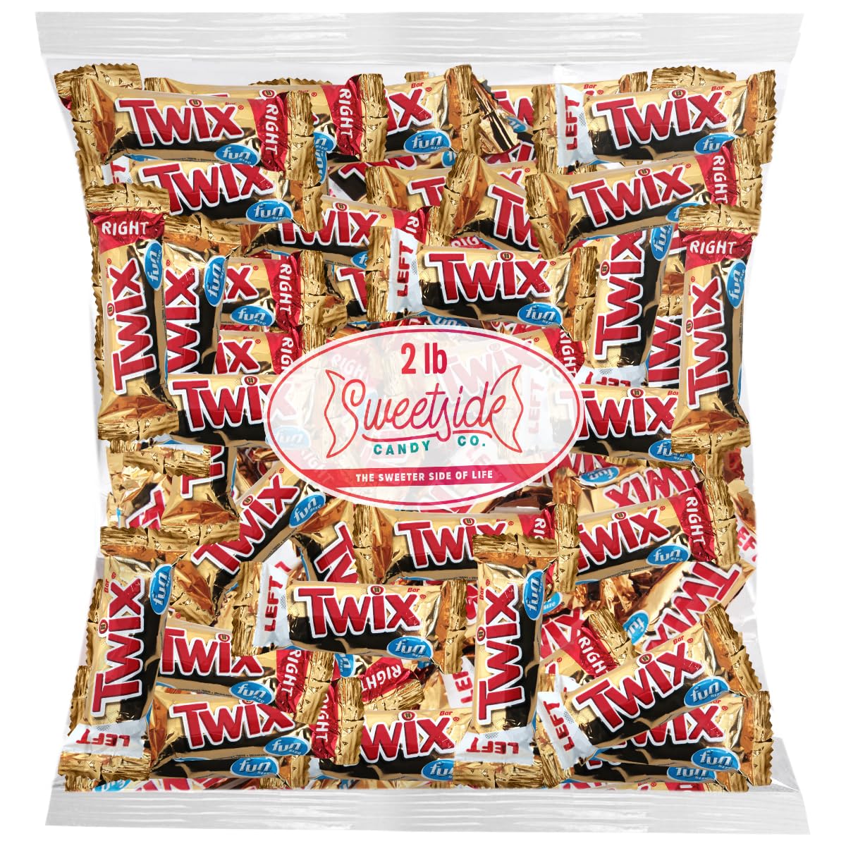 SWEETSIDE CANDY CO. empaque frontal mostrando paquete a granel, práctico para eventos