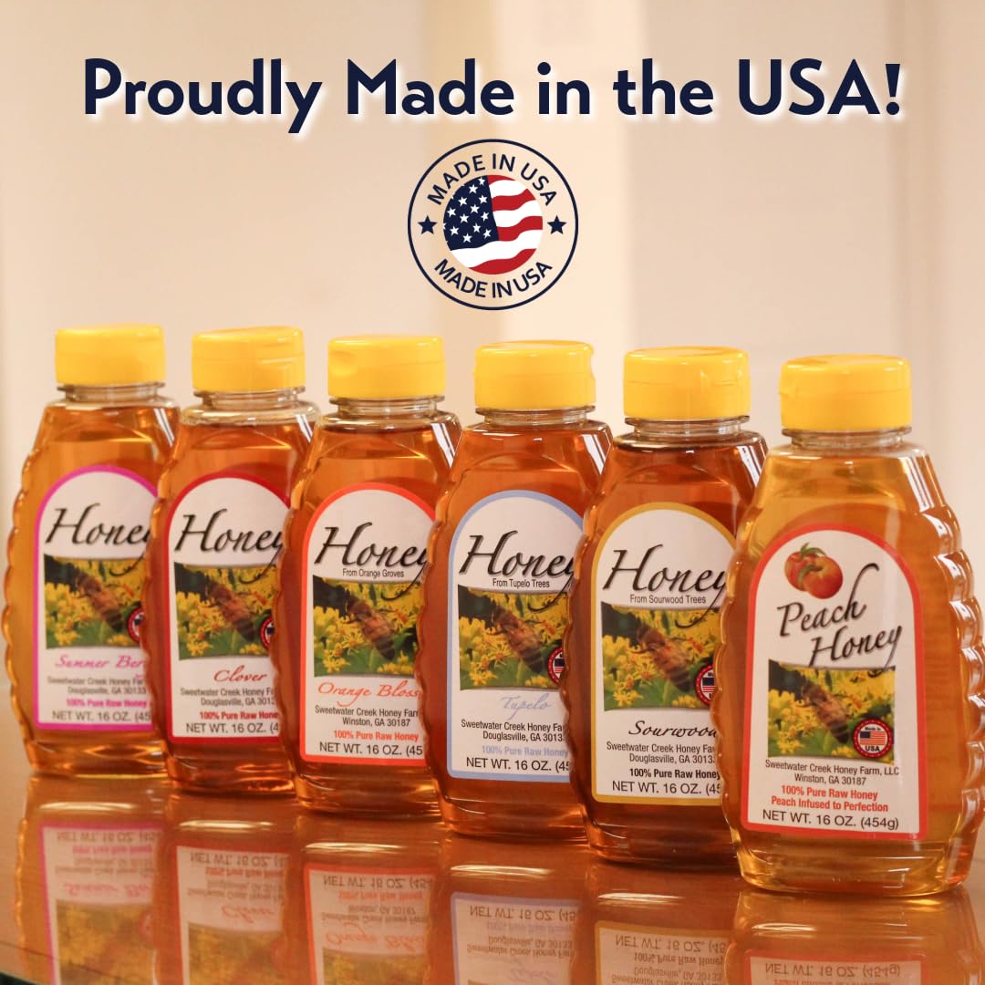 Sweetwater Creek Honey Farm frasco junto a regla para referencia de tamaño