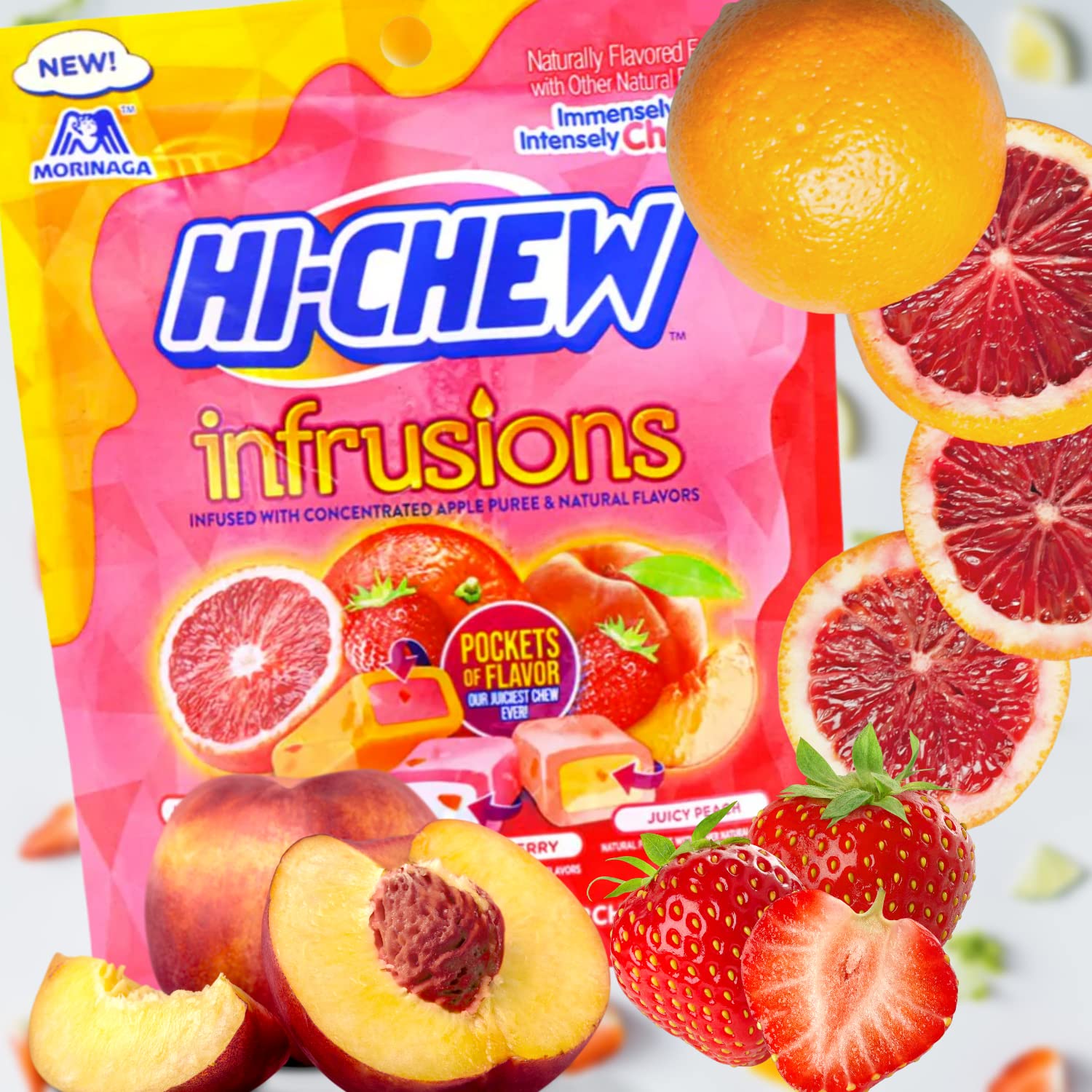 Sweetzo Hi-Chew primer plano de textura masticable y jugosidad