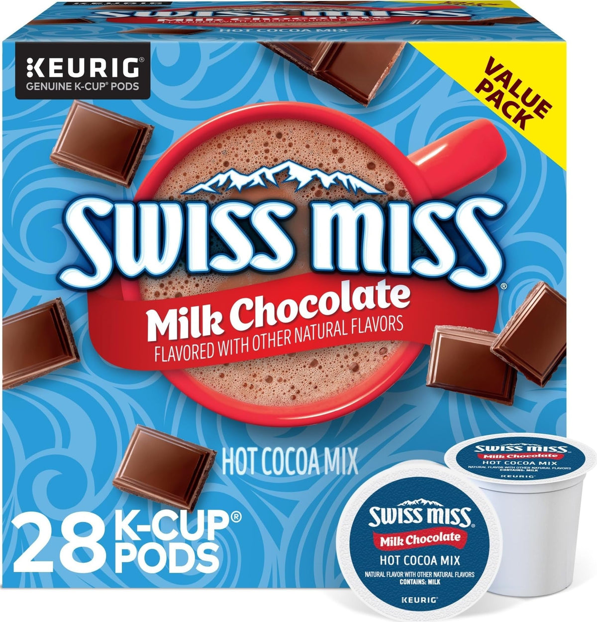 Swiss Miss empaque frontal mostrando cápsulas K-Cup y ventaja de conveniencia