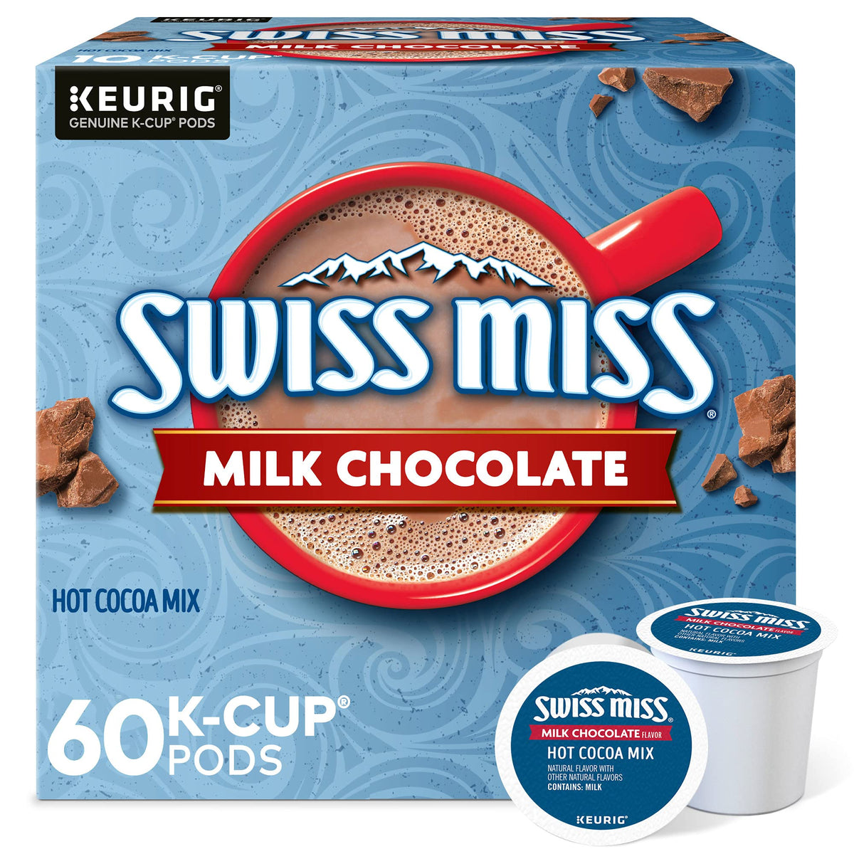 Swiss Miss frente del empaque K-Cup mostrando el total de 60 cápsulas y conveniencia