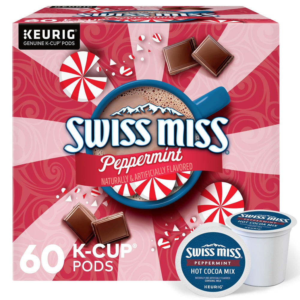 Swiss Miss empaque frontal mostrando 60 cápsulas y diseño festivo, conveniencia inmediata