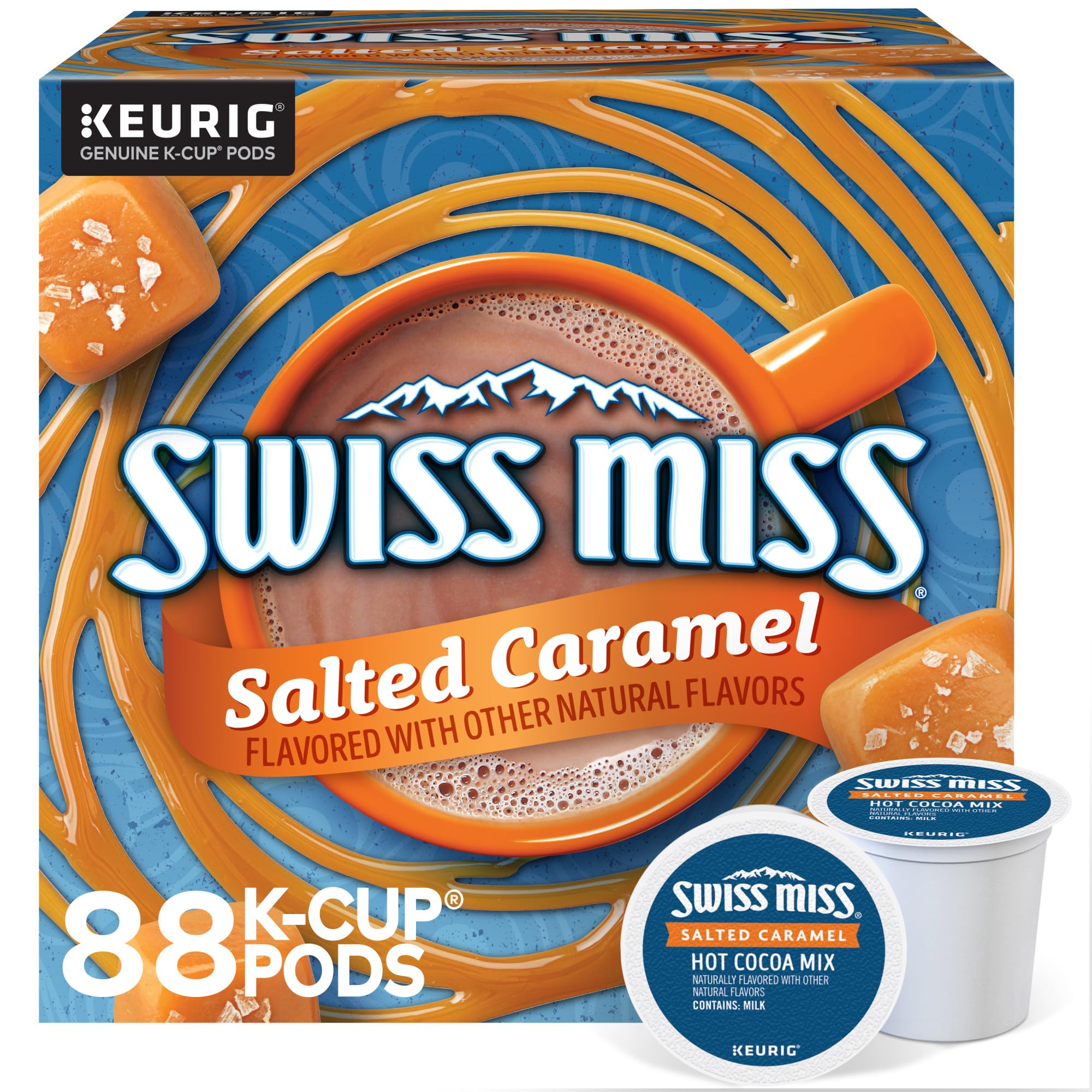 Swiss Miss frente del empaque mostrando sabor caramelo salado y conveniencia