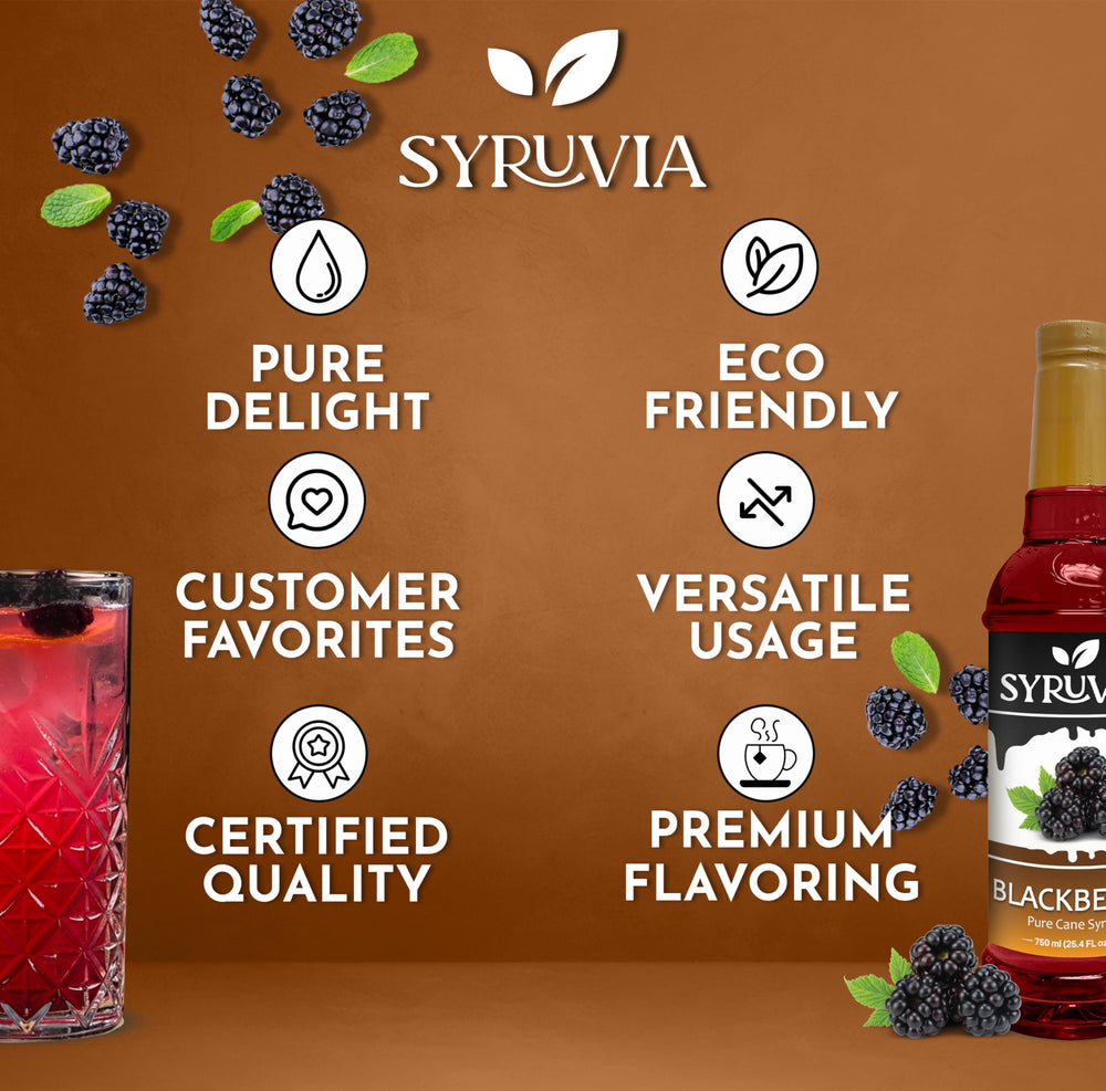 Syruvia botella junto a una taza para mostrar tamaño y rendimiento