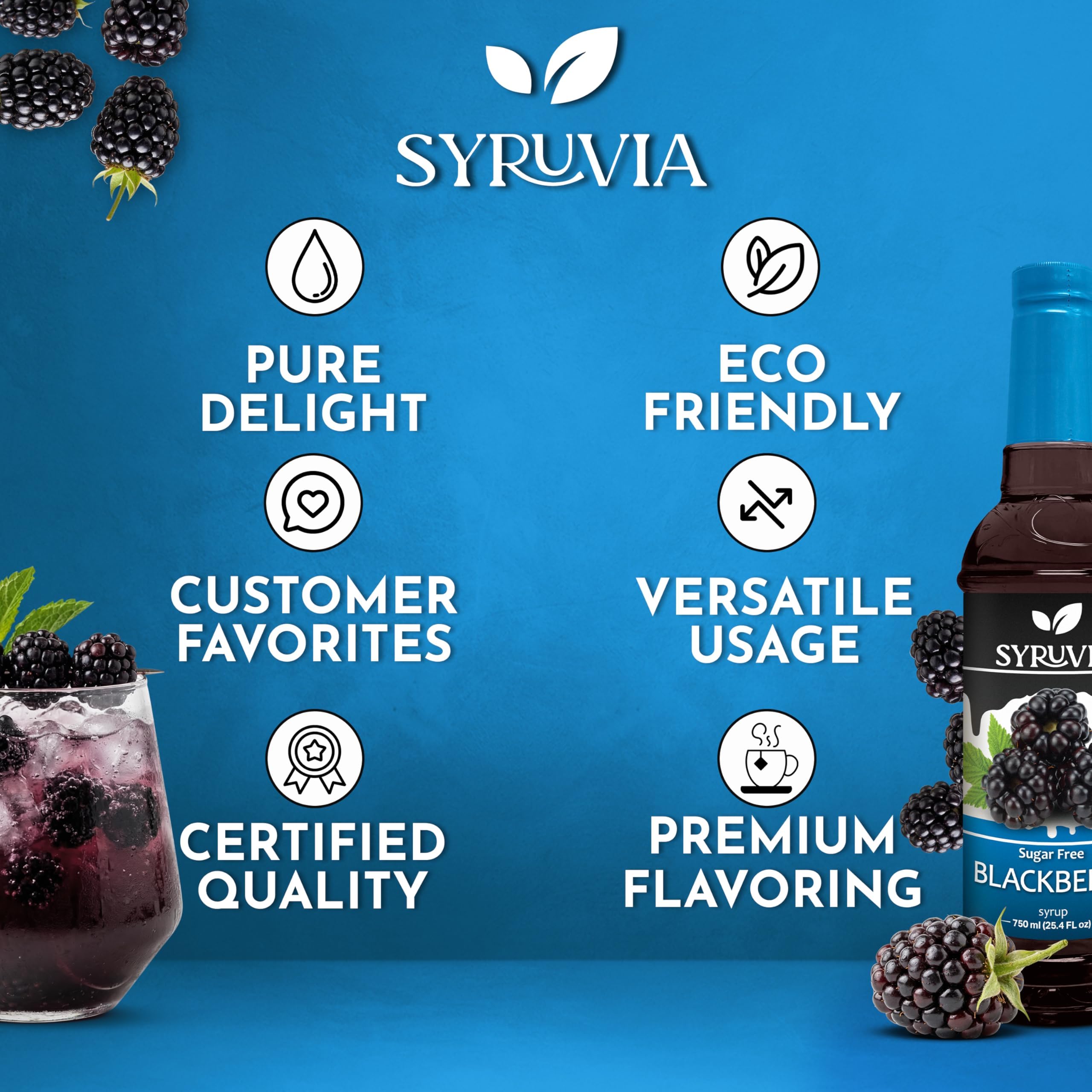 SYRUVIA botella junto a taza para mostrar tamaño 25.4 fl oz práctico