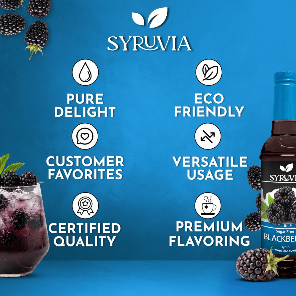 SYRUVIA botella junto a taza para mostrar tamaño 25.4 fl oz práctico