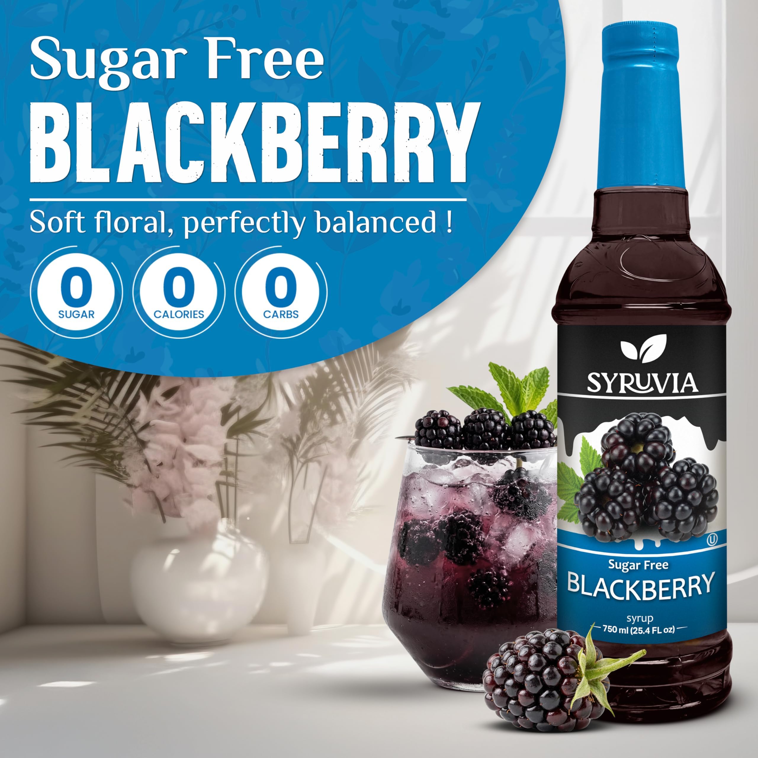 SYRUVIA etiqueta de mora legible que destaca sabor intenso sin azúcar