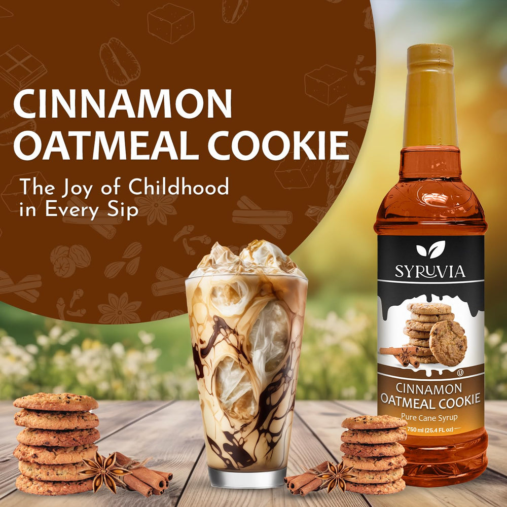 SYRUVIA detalle de etiqueta con sabor canela y galleta, informa ingredientes clave