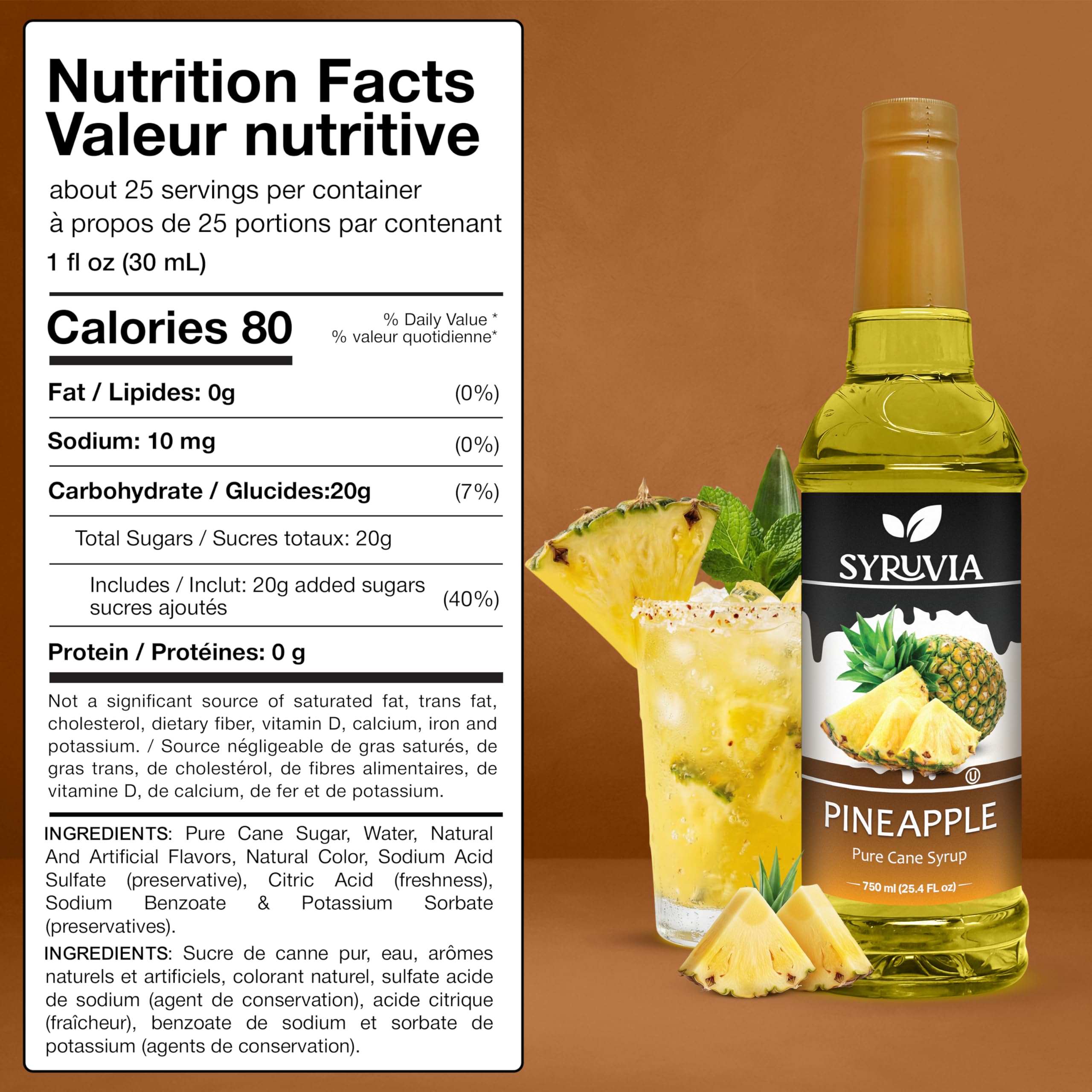 SYRUVIA jarabe de piña vertido en cóctel tropical para sabor vibrante