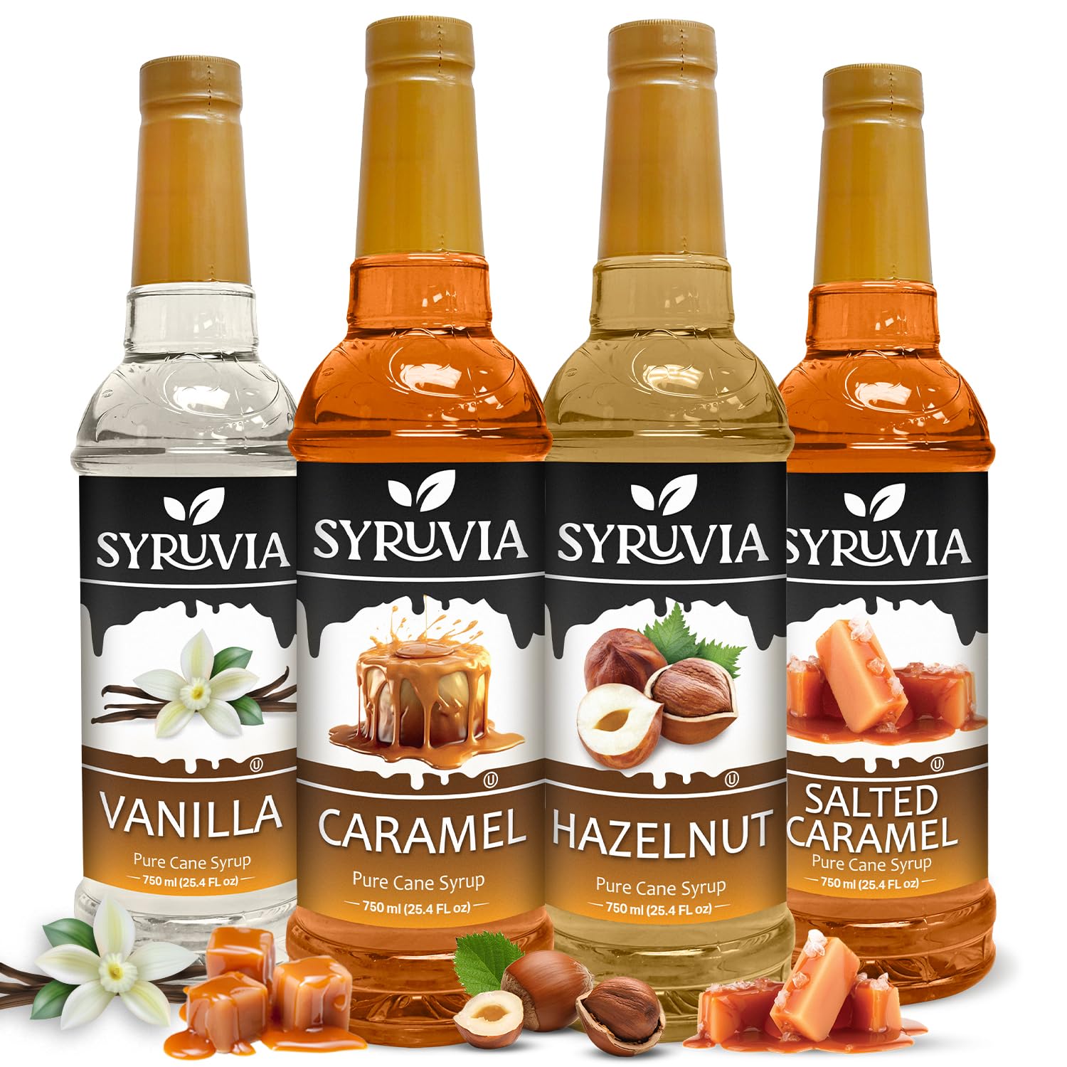SYRUVIA pack frontal mostrando las cuatro botellas con colores distintivos y conveniencia