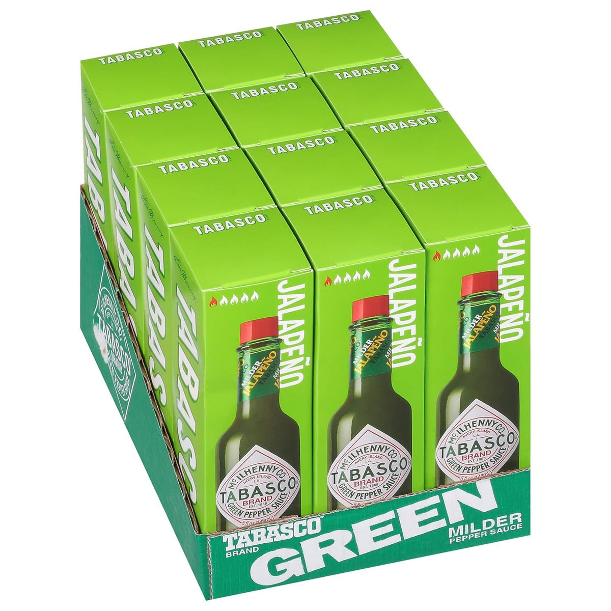 TABASCO botella frente con salsa verde brillante, aporta sabor fresco