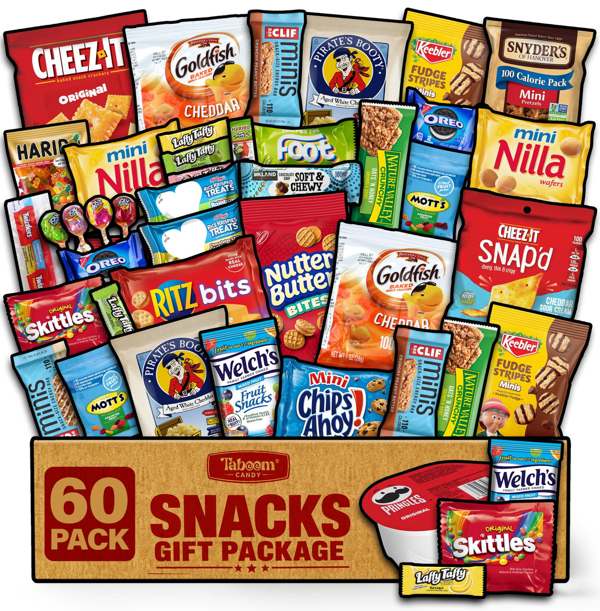 Taboom caja frontal mostrando 60 snacks surtidos listos para regalar