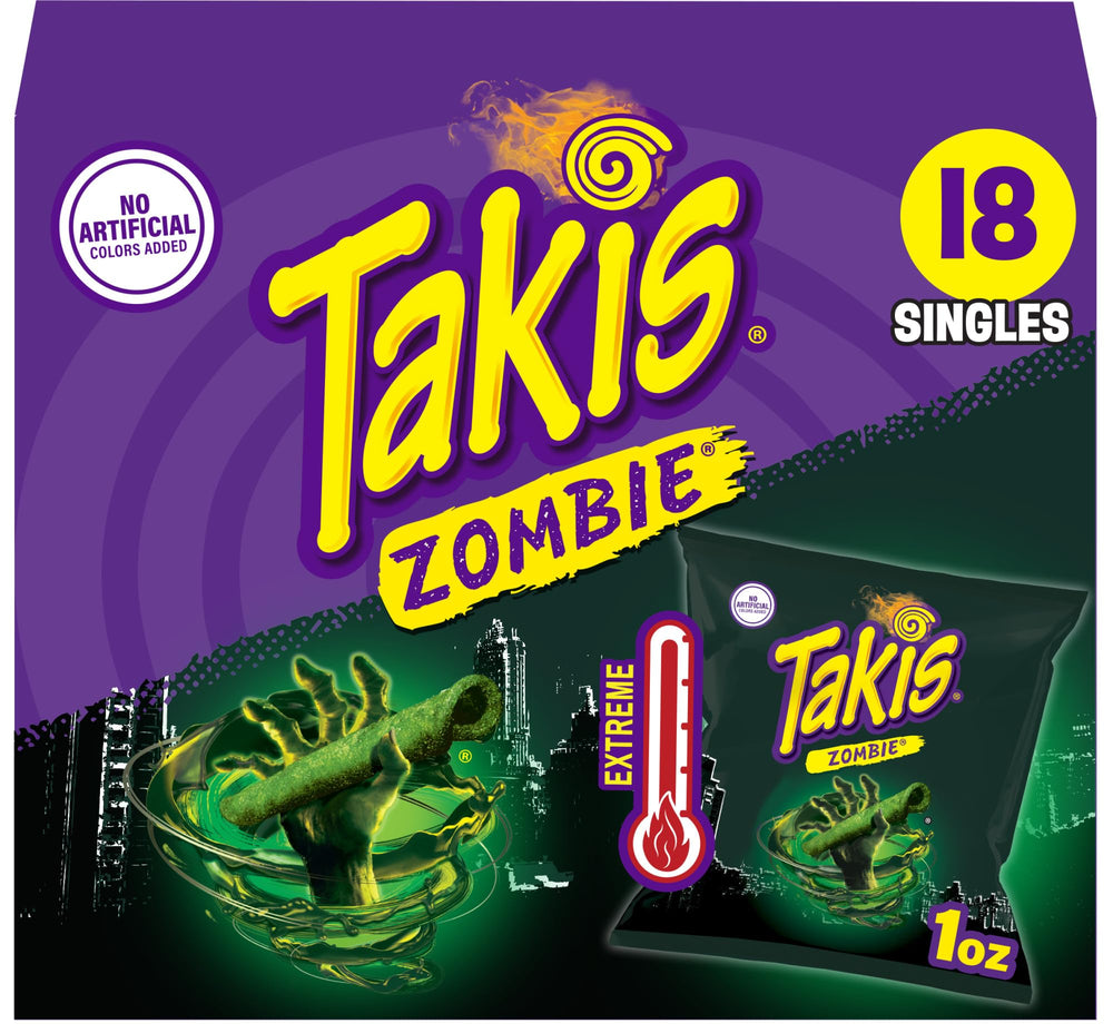 Takis Zombie frente del empaque mostrando 18 bolsas, práctico para eventos