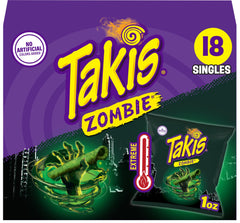Takis Zombie frente del empaque mostrando 18 bolsas, práctico para eventos