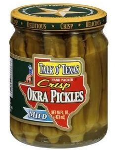 Talk O' Texas frasco frontal mostrando okras crujientes y aspecto apetitoso