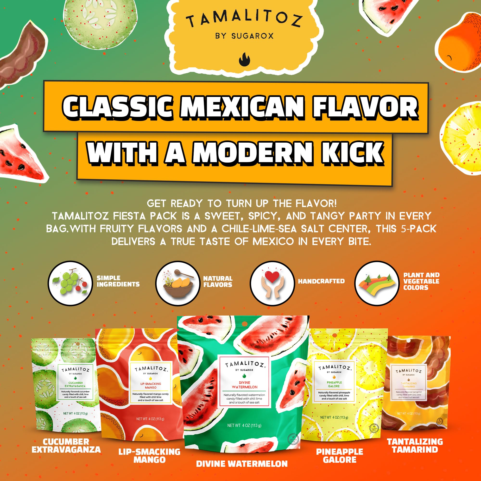 Tamalitoz caramelo partido mostrando relleno de chile, limón y sal