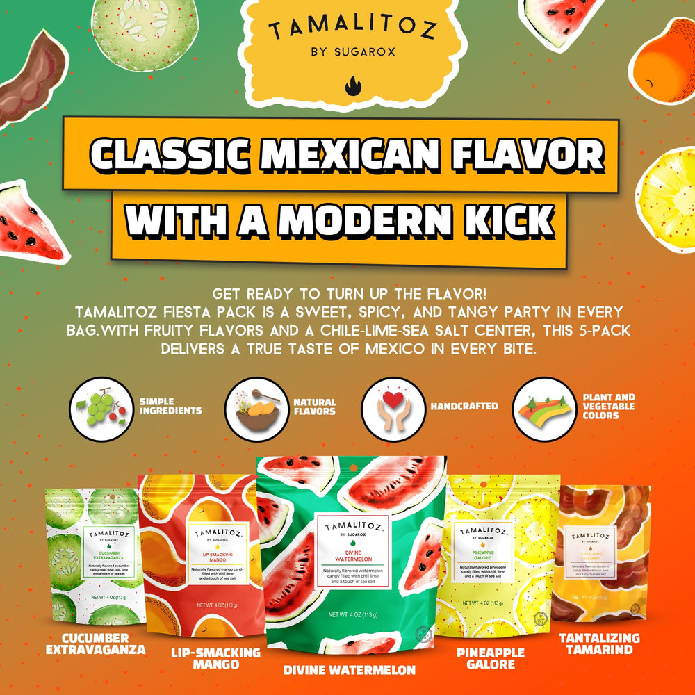 Tamalitoz caramelo partido mostrando relleno de chile, limón y sal