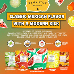 Tamalitoz caramelo partido mostrando relleno de chile, limón y sal