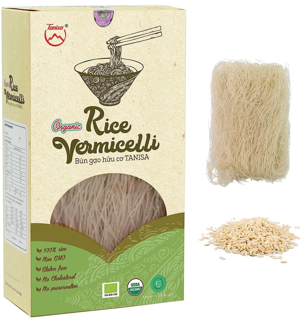 TANISA empaque frontal mostrando fideos vermicelli y beneficios orgánicos