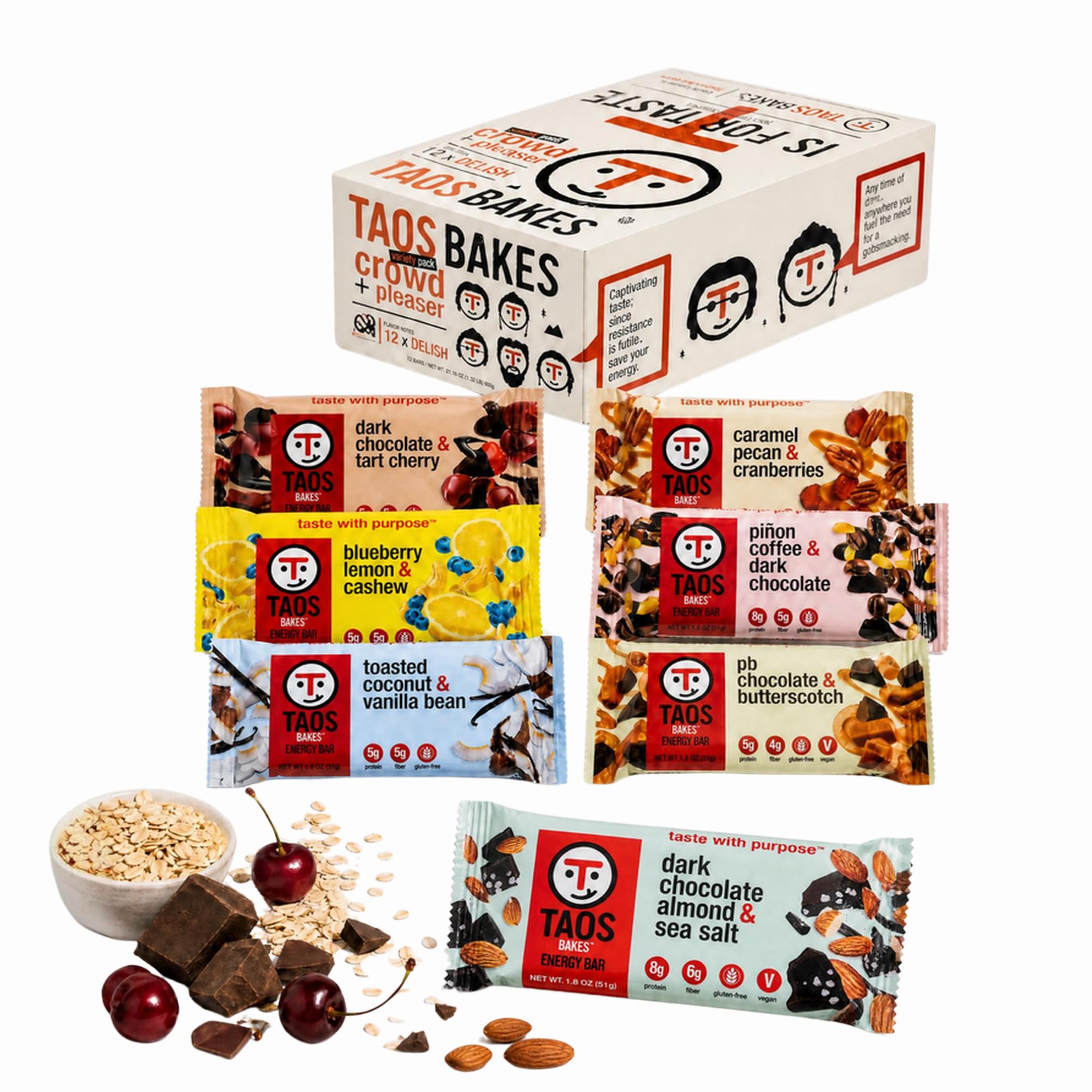 Taos Bakes frontal del paquete mostrando variedad y conveniencia