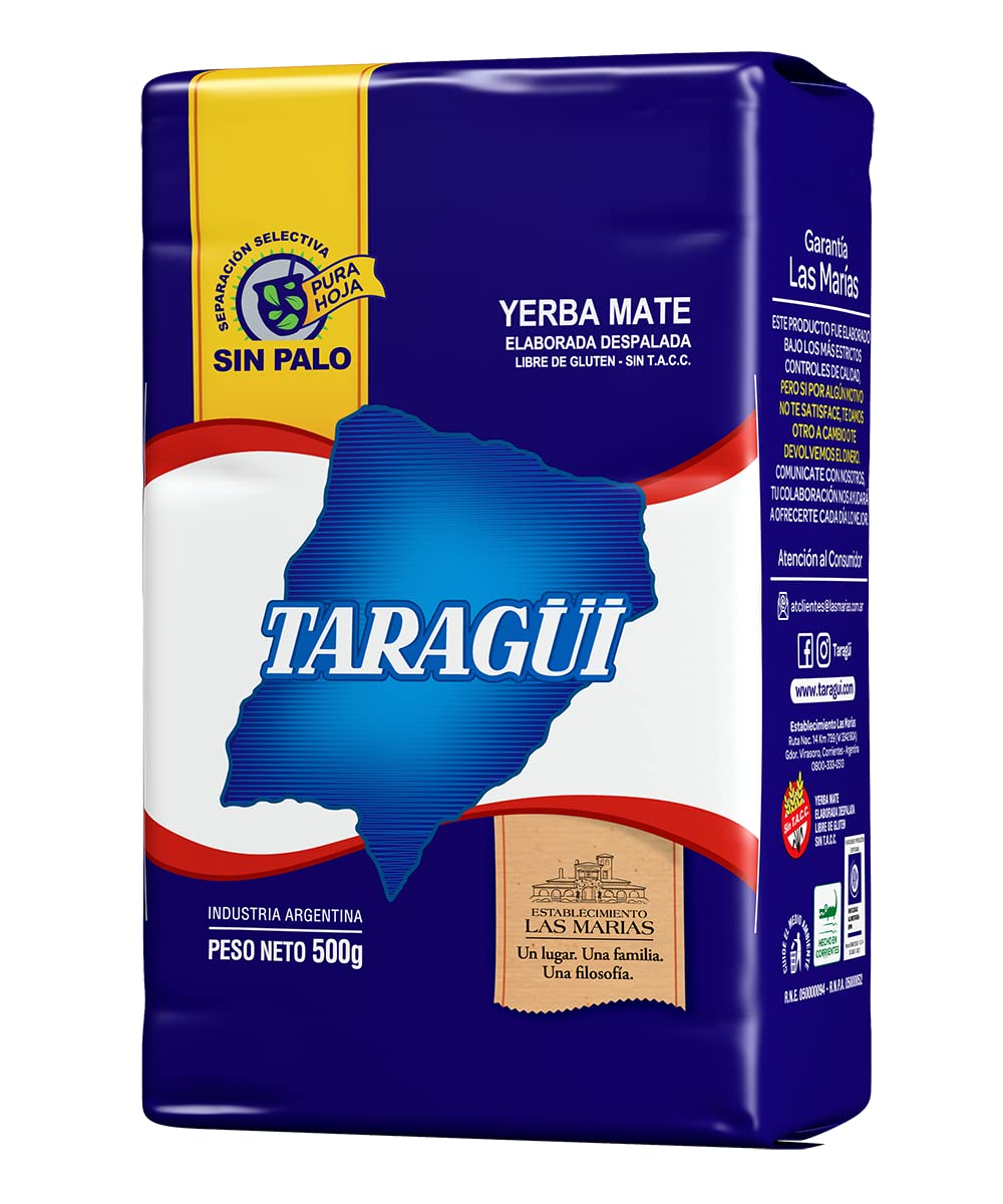 Taragüi bolsa azul al frente mostrando etiqueta y presentación, garantía de origen
