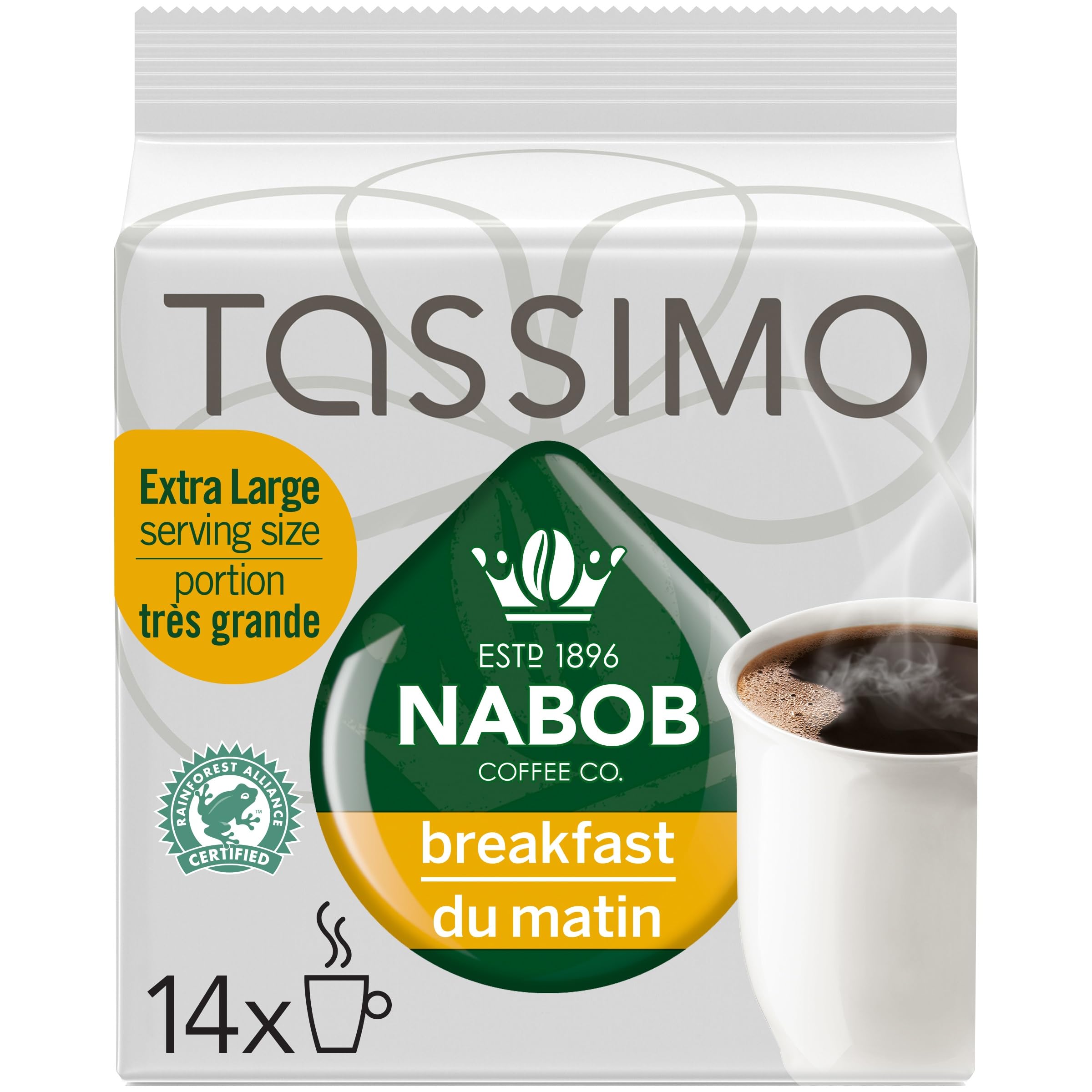Tassimo Nabob frontal del paquete mostrando formato extra grande y marca