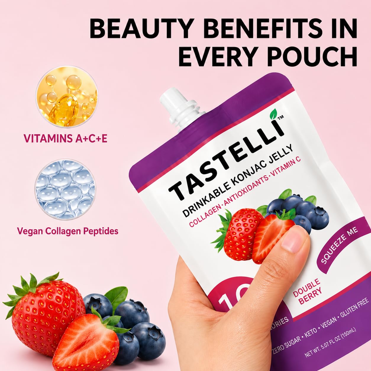 Tastelli comparación de tamaño 150ml junto a una mano, referencia práctica de volumen