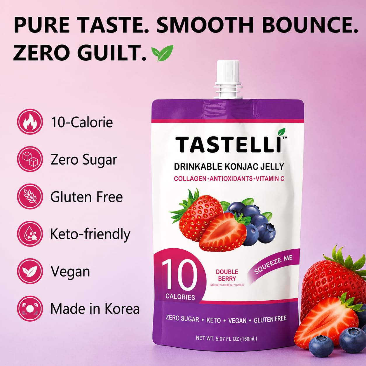 Tastelli etiqueta con colágeno y vitamina C visible, beneficios complementarios claros