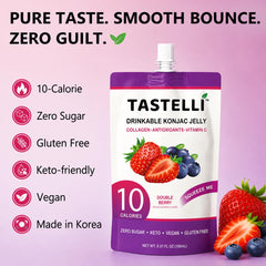 Tastelli etiqueta con colágeno y vitamina C visible, beneficios complementarios claros