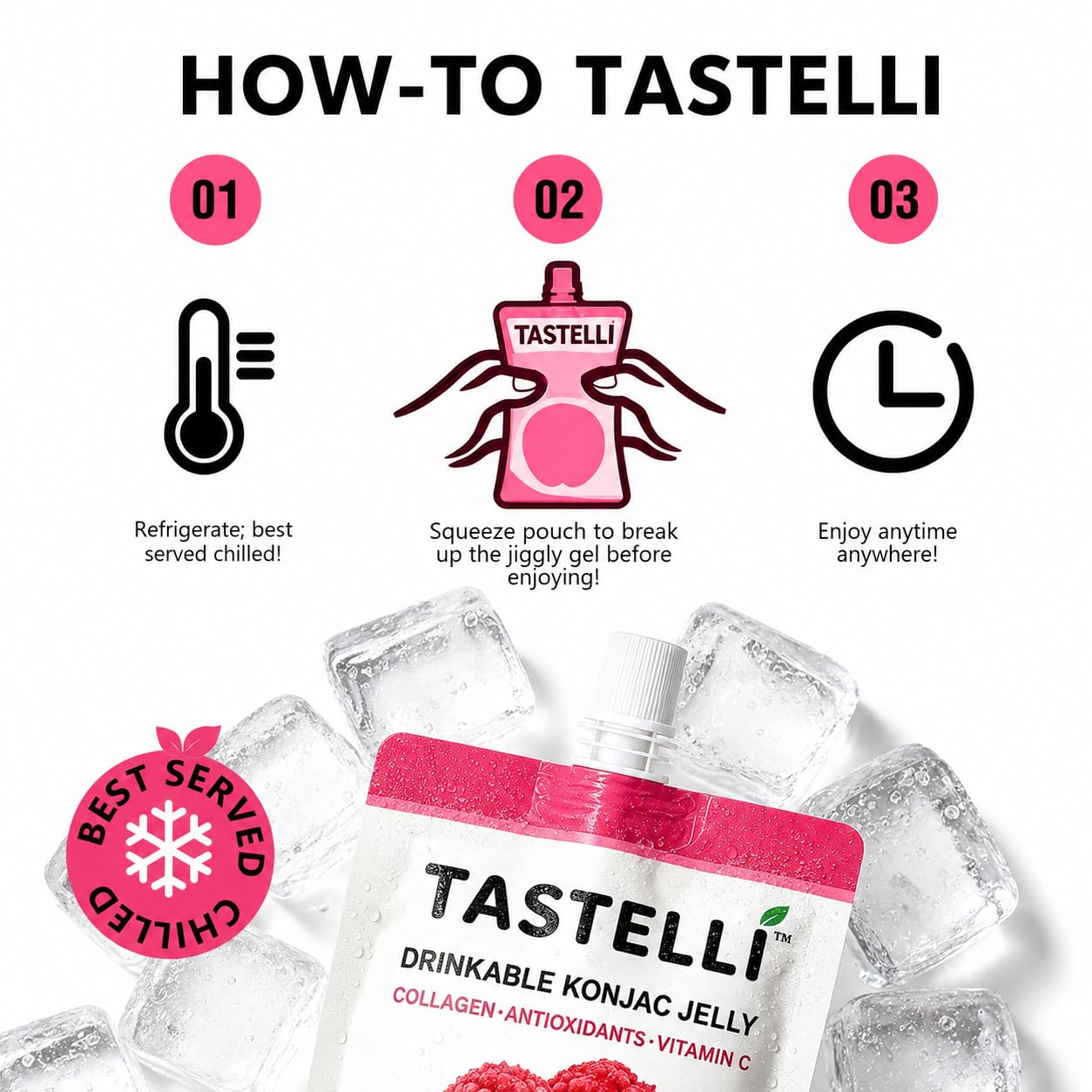 Tastelli etiqueta de ingredientes resaltando colágeno y vitamina C beneficiosos
