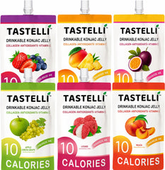 Tastelli pack frontal mostrando 18 sobres y variedad de sabores para conveniencia