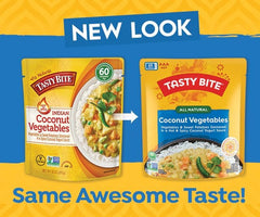 TASTY BITE paquete sostenido en mano para comparar tamaño y porción práctica