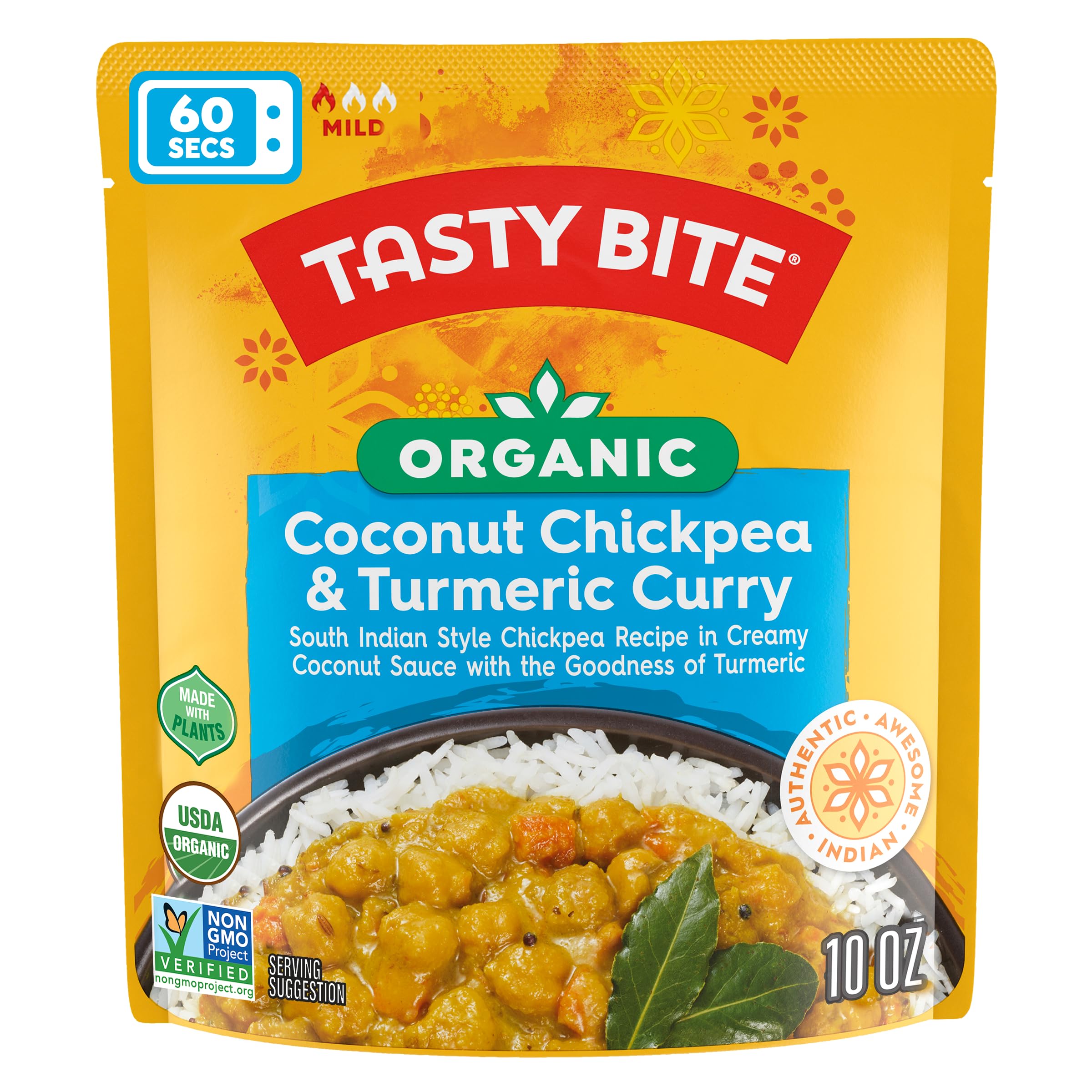 TASTY BITE detalle de etiqueta orgánica que destaca ingredientes naturales y confianza