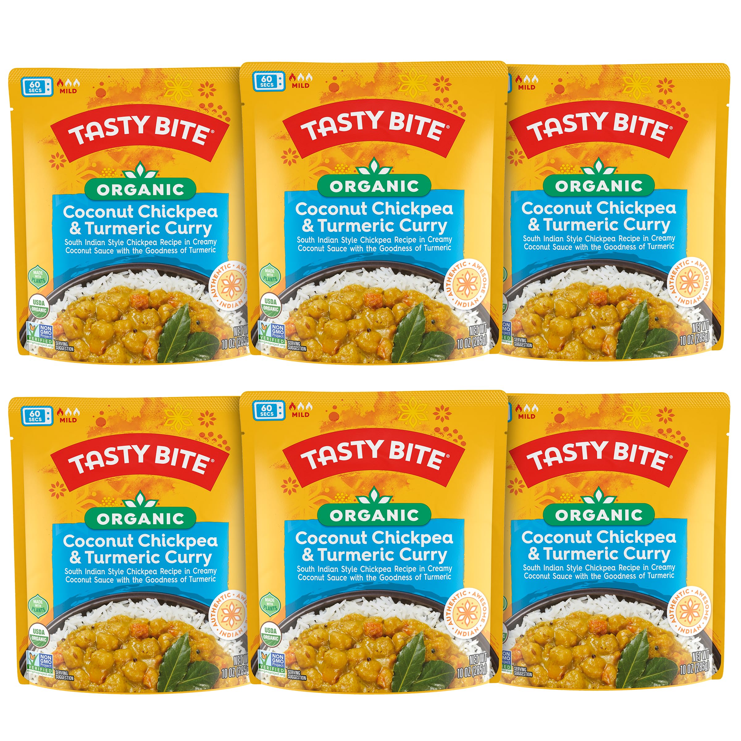 TASTY BITE envase frontal mostrando curry garbanzo coco listo para comer y conveniencia