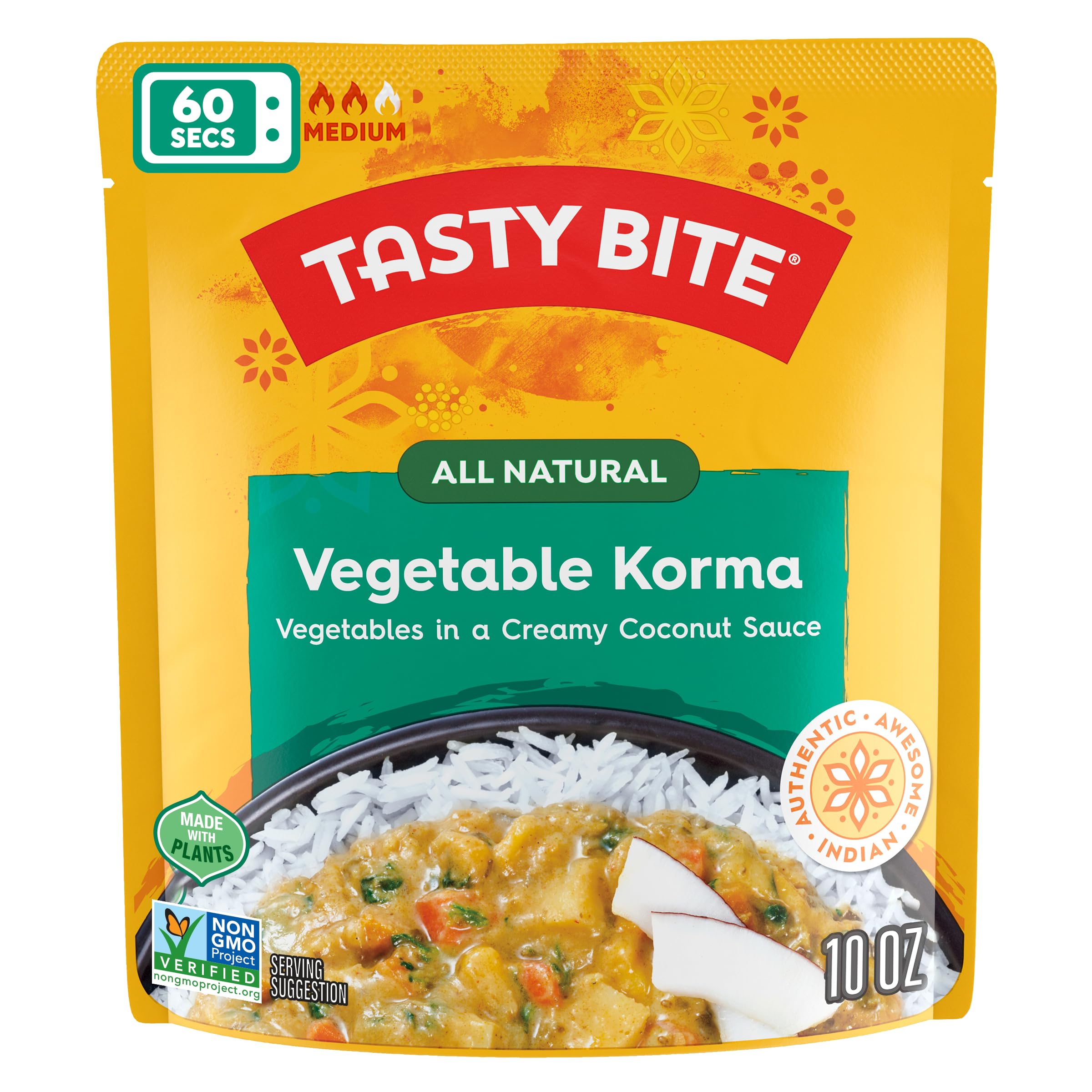 Tasty Bite porción servida sobre arroz para una comida completa