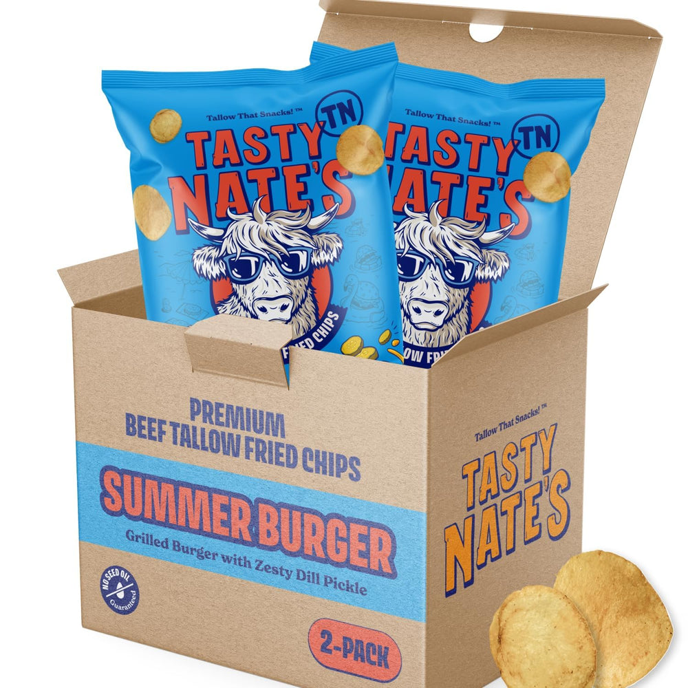 TASTY NATES frente del empaque mostrando sabor Summer Burger y beneficios sin aceites de semillas