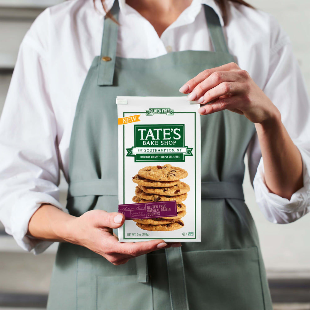 Tate's Bake Shop cuatro bolsas resellables apiladas mostrando conveniencia