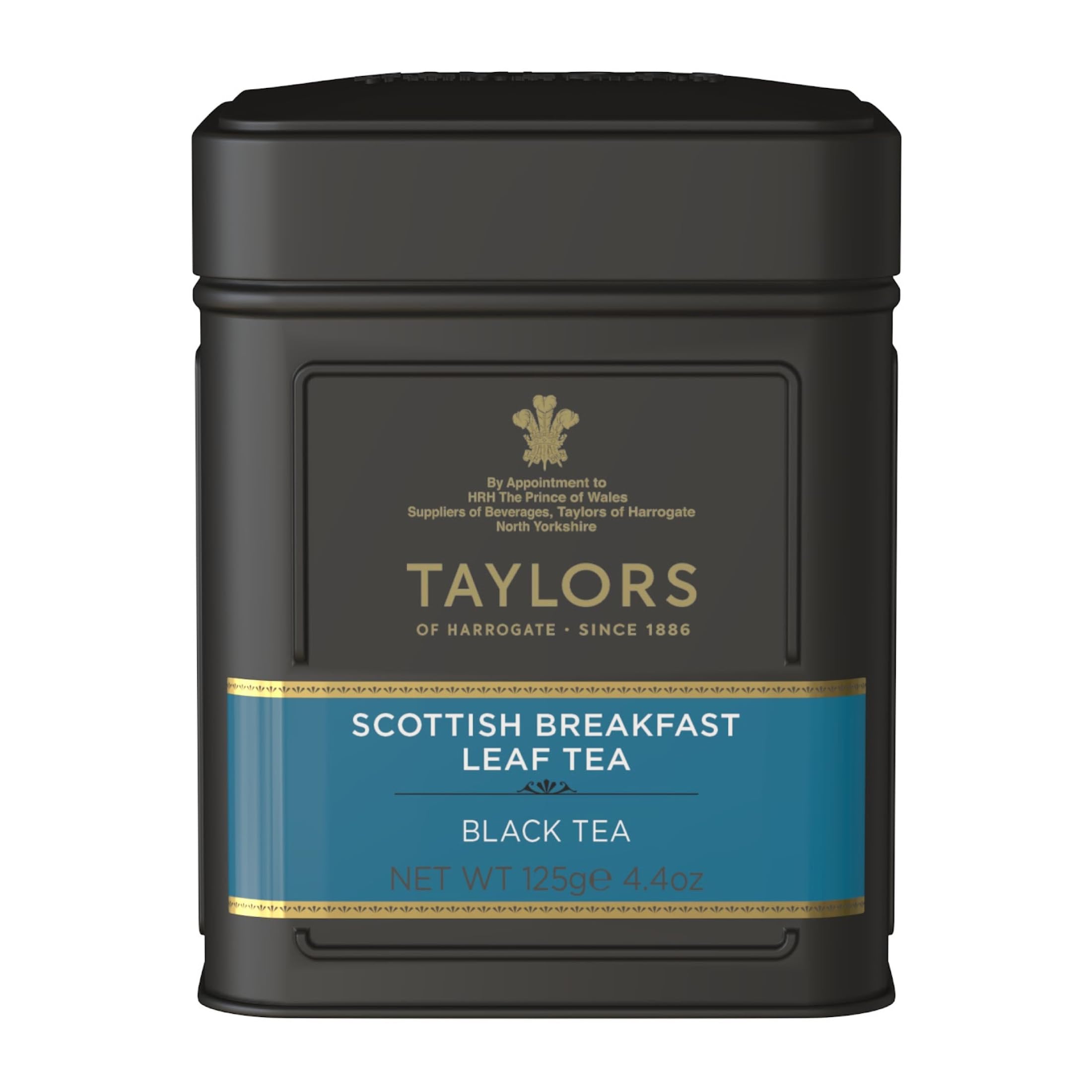 Taylors of Harrogate lata frontal elegante protegida, conserva frescura del té