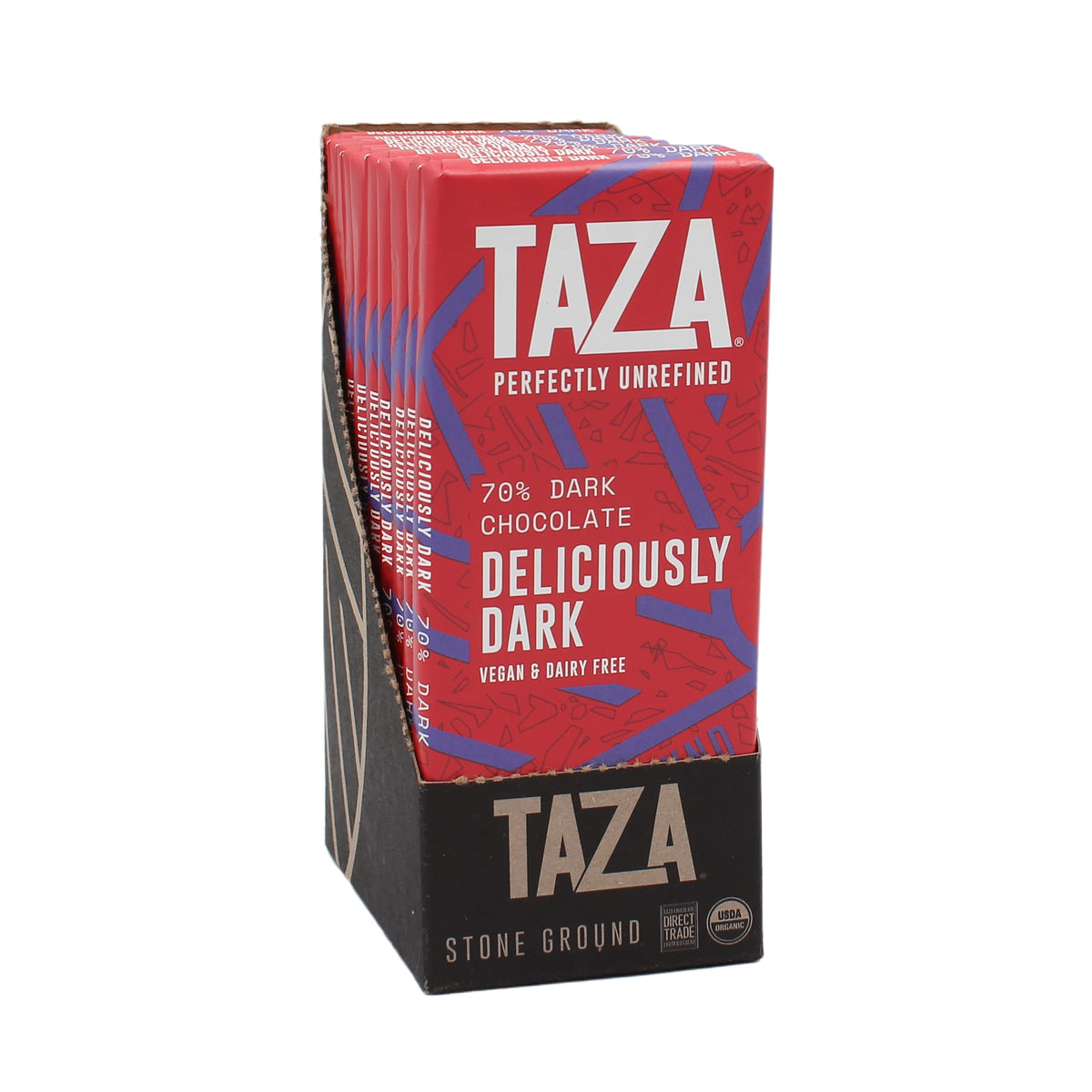 Taza Chocolate empaque frontal mostrando caja de diez barras y certificaciones
