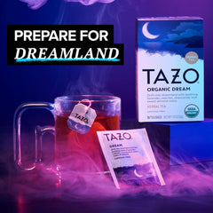 TAZO bolsita de té dentro de taza humeante, sugiere una infusión relajante