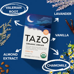 TAZO primer plano de manzanilla y lavanda, resalta aromas florales calmantes
