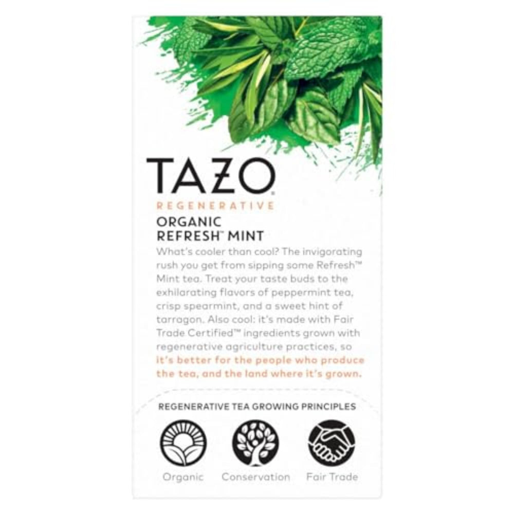 TAZO taza con té humeante mostrando aroma y disfrute inmediato