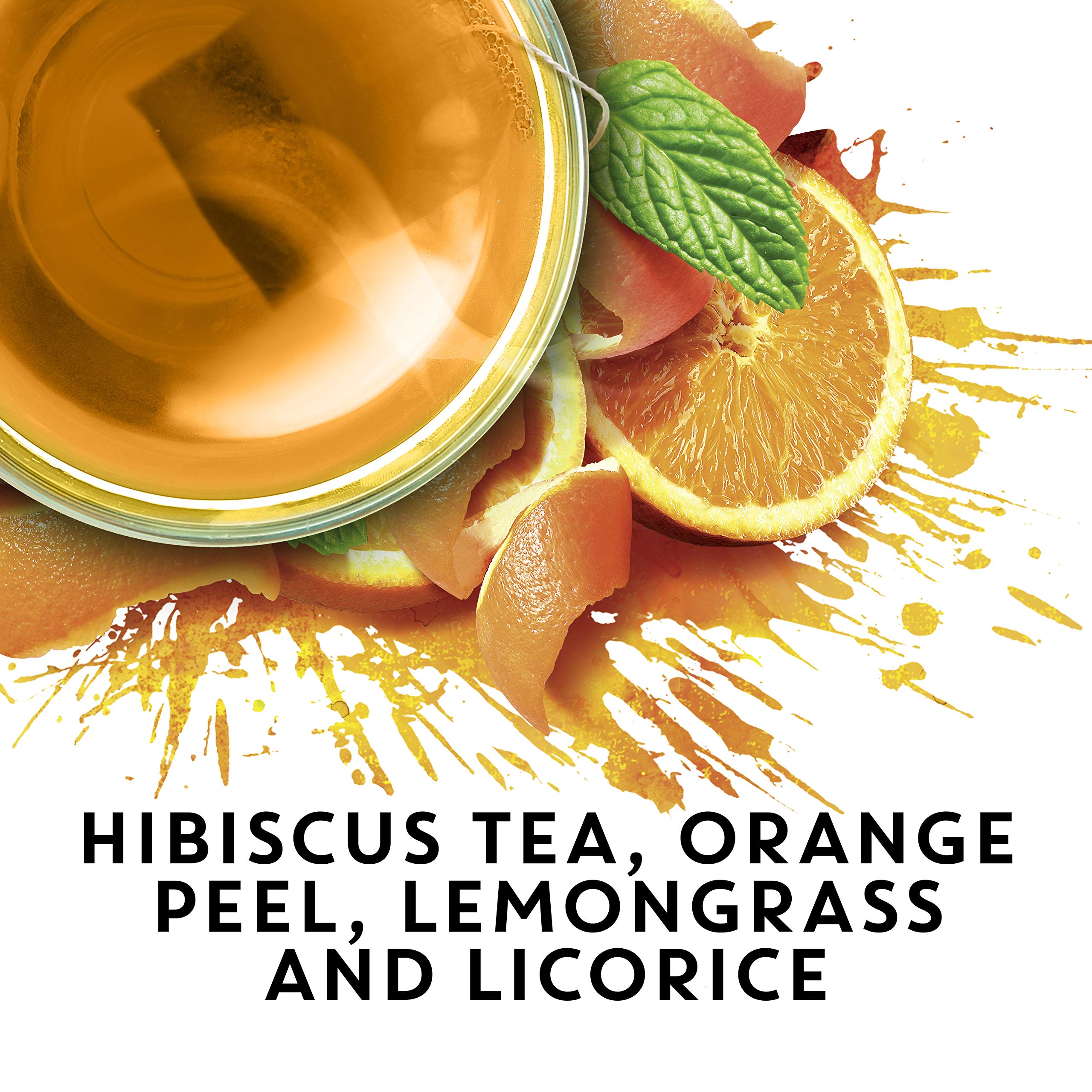 TAZO vaso con té helado, hielo y rodaja de naranja, presenta refresco cítrico listo para beber