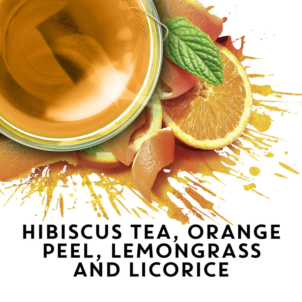 TAZO vaso con té helado, hielo y rodaja de naranja, presenta refresco cítrico listo para beber