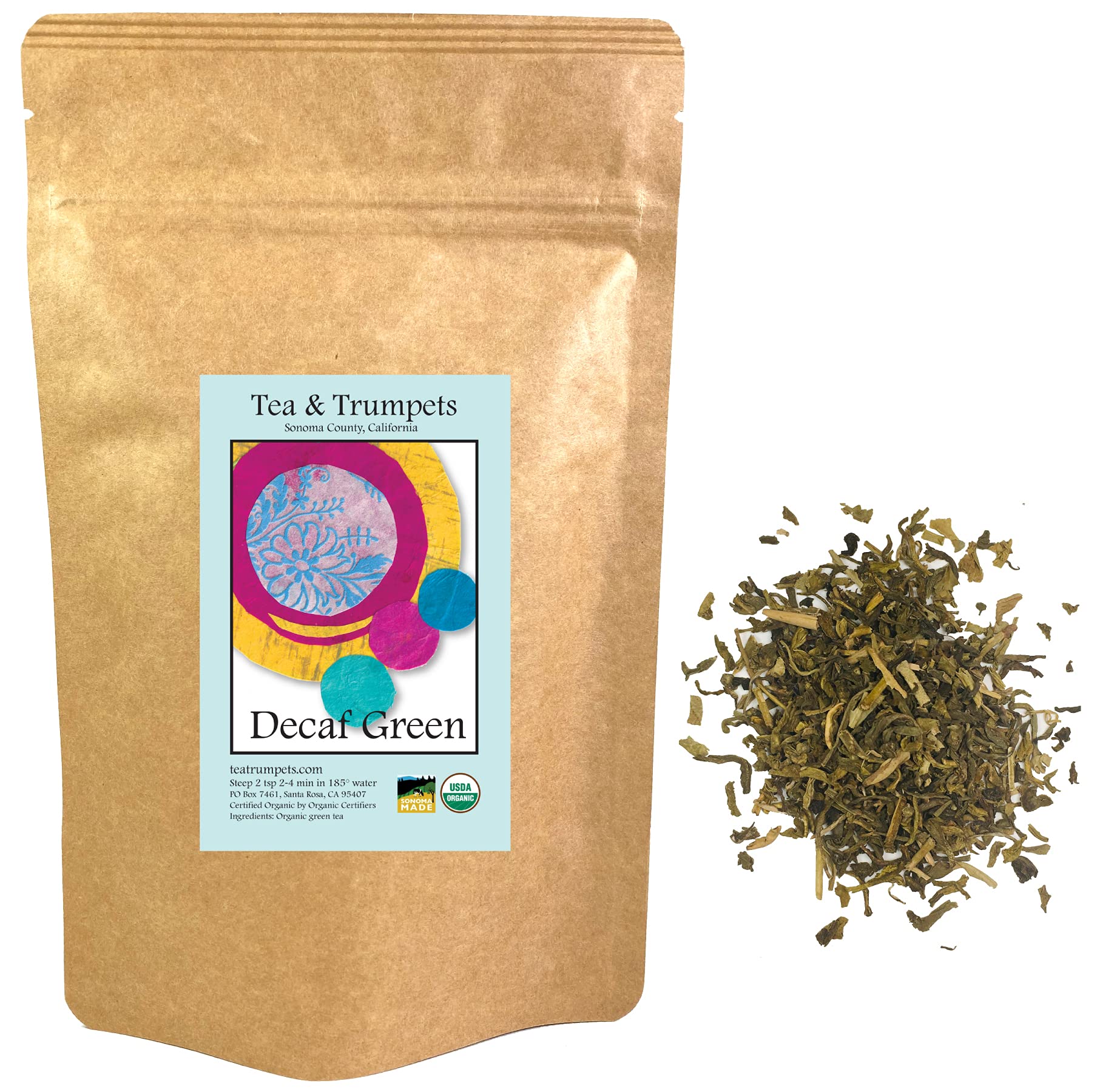 Tea & Trumpets empaque frontal 4 oz mostrando sello orgánico y beneficio de frescura