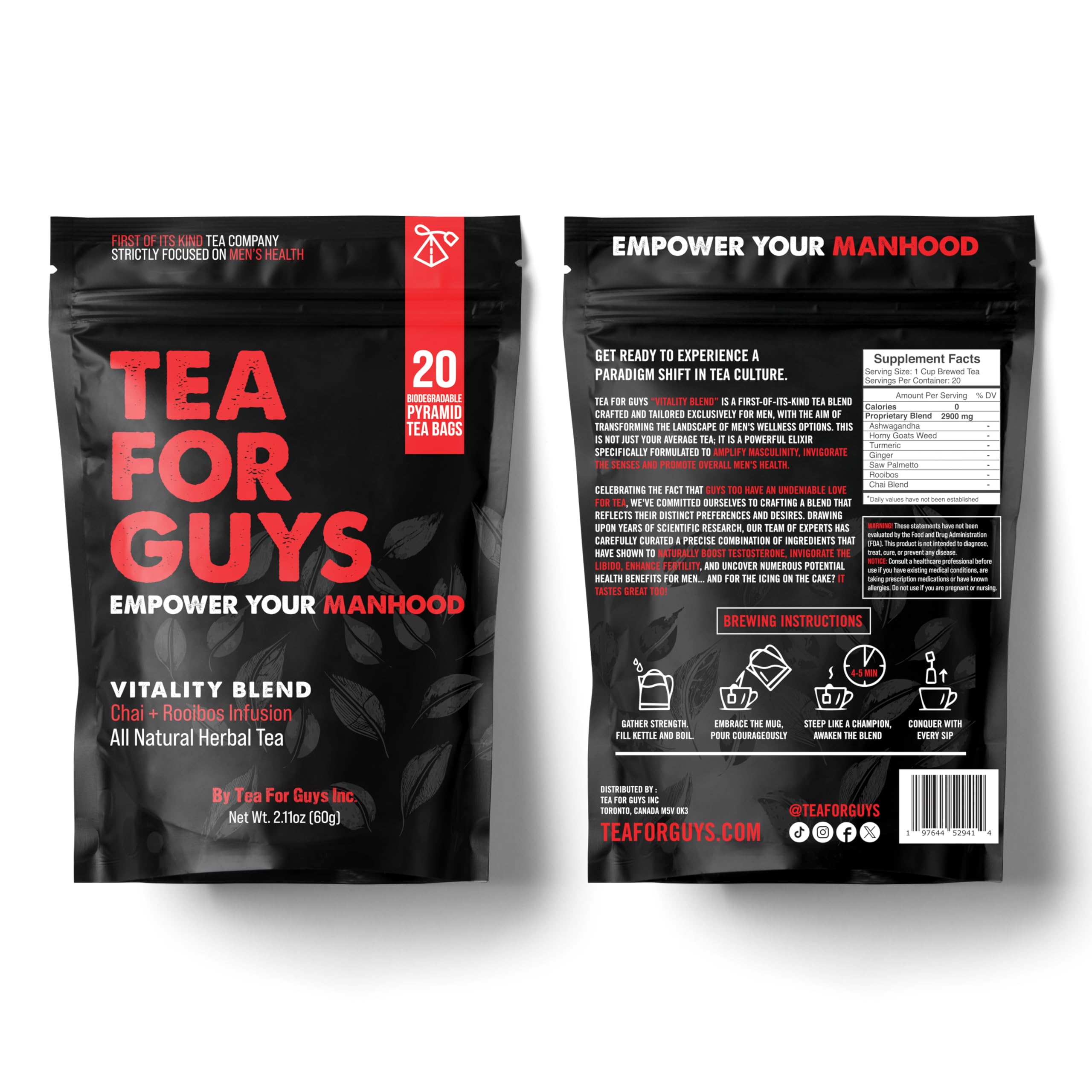 Tea For Guys bolsita biodegradable en primer plano, fácil preparación