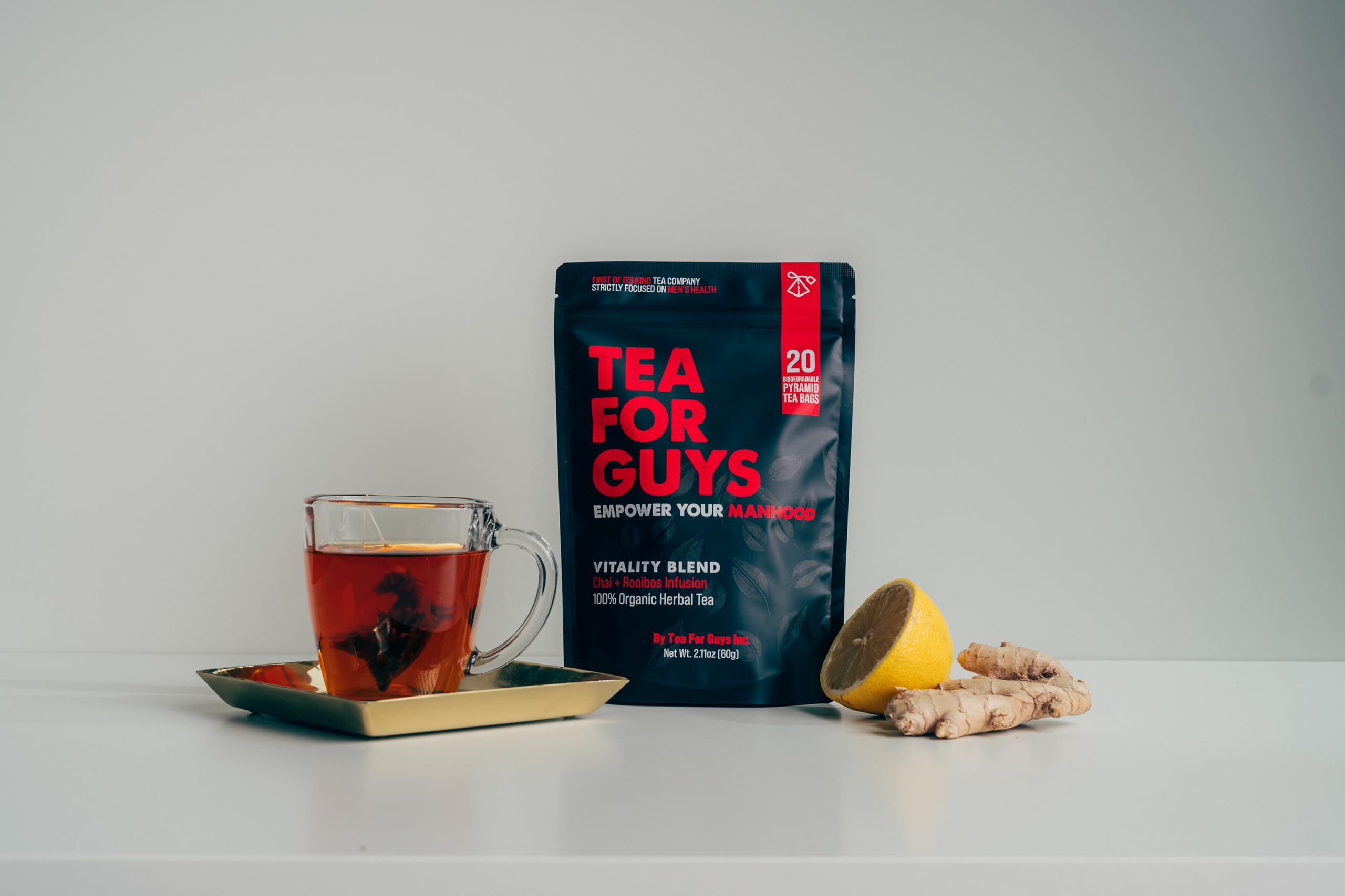 Tea For Guys etiqueta con lista de ingredientes y certificaciones claras