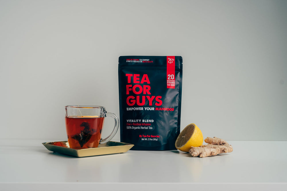 Tea For Guys etiqueta con lista de ingredientes y certificaciones claras