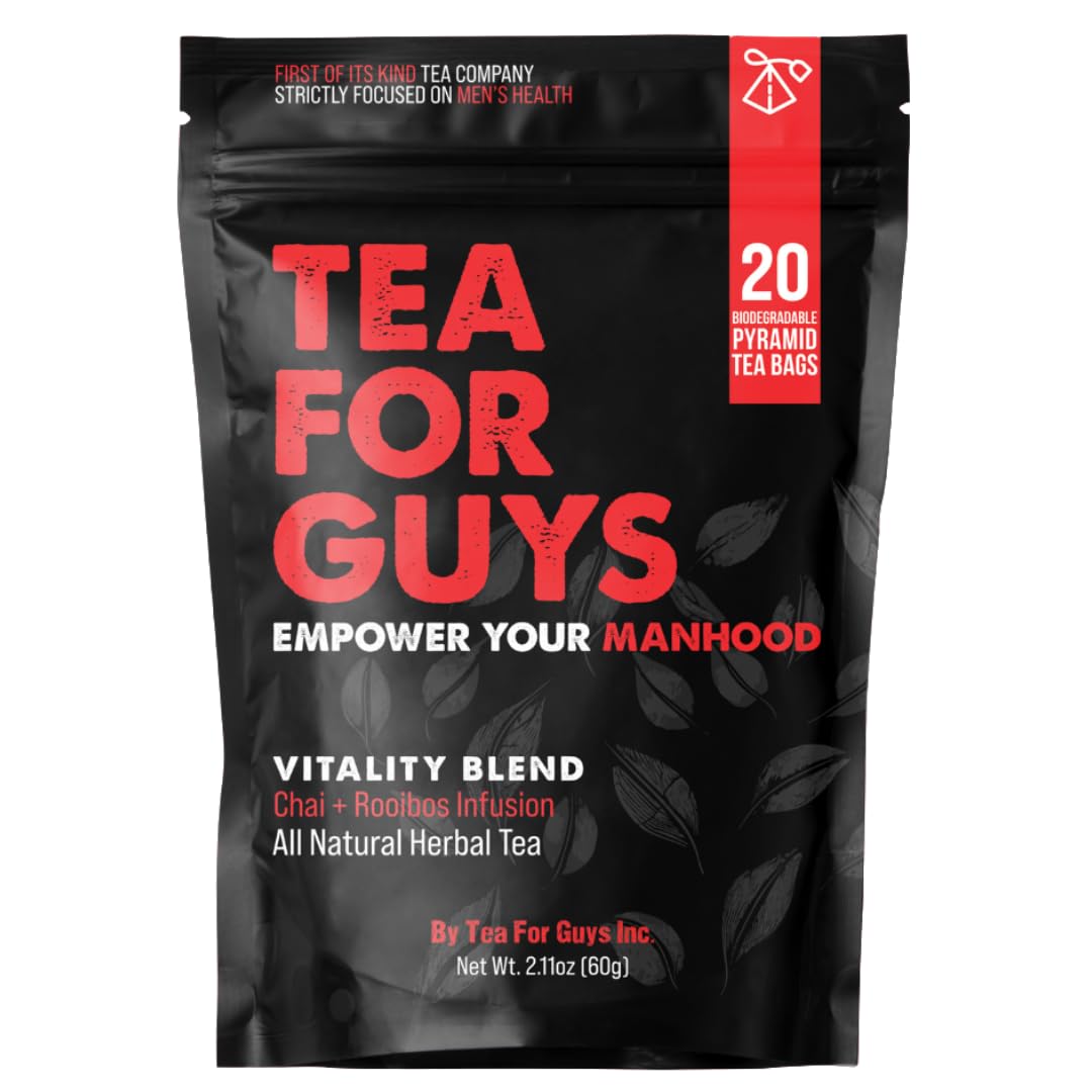 Tea For Guys frontal del envase mostrando diseño y beneficios visuales